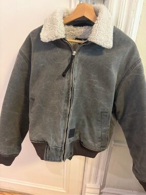 Acne Studio distressed gray shearling-collar bomber jacket